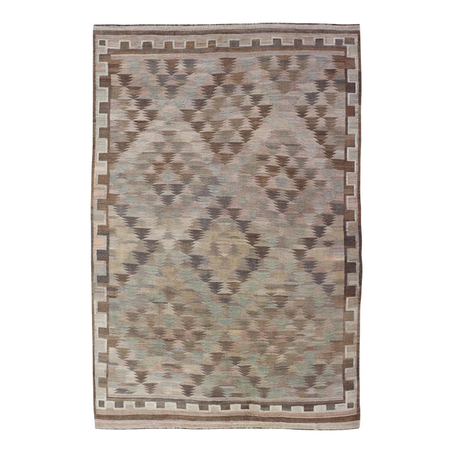 Vintage Turkish Kars Kilim in Soft Taupe, Sage Green, Sand, and Warm Cocoa For Sale