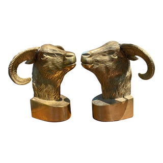 Hollywood Regency Brass Ram Head Bookends - a Pair For Sale