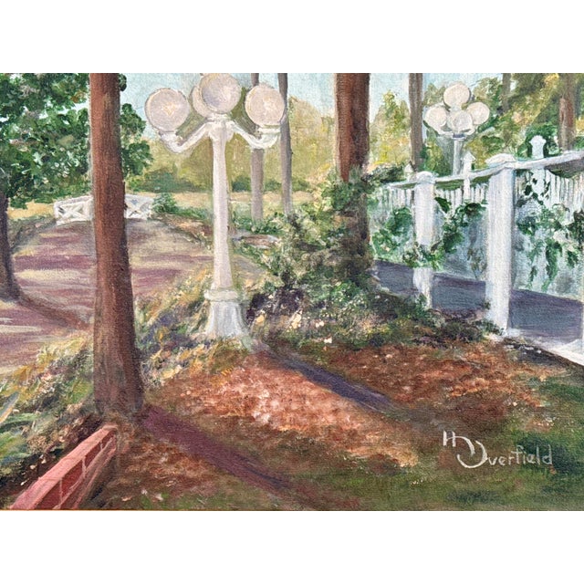 Traditional Late 20th Century Original Painting, “Five Globe Lights” by Helen Overfield – Framed Acrylic Landscape For Sale - Image 3 of 12