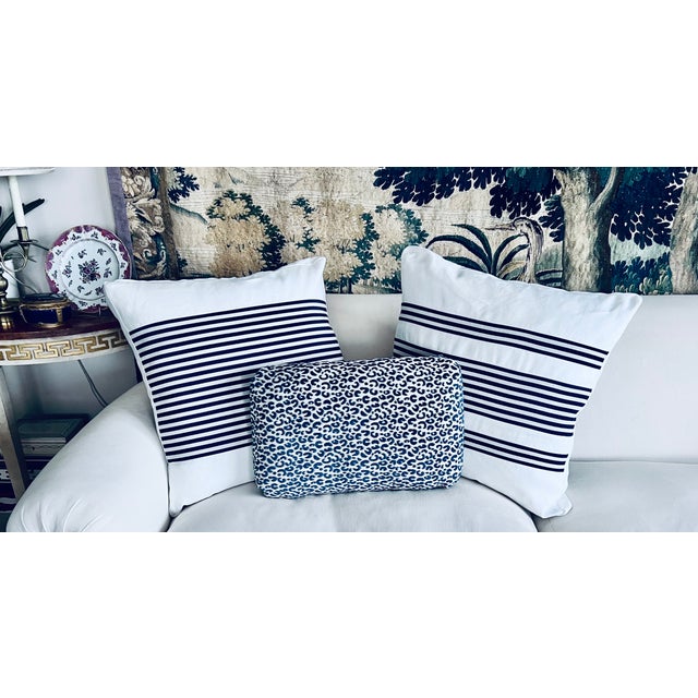 Textile Pair Reversible Cushions/Pillows in Navy Blue Stripes on White For Sale - Image 7 of 11