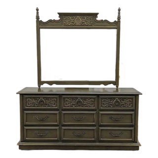 1970s Spanish Revival Carved Wood Nine-Drawer Lowboy Dresser in Olive Green For Sale