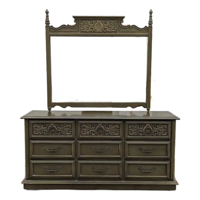 1970s Spanish Revival Carved Wood Nine-Drawer Lowboy Dresser in Olive Green For Sale