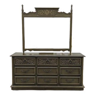 Vintage Spanish Revival Nine-Drawer Lowboy Dresser in Olive Green, C. 1970s For Sale