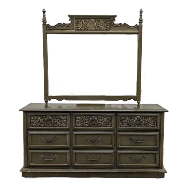 Vintage Spanish Revival Nine-Drawer Lowboy Dresser in Olive Green, C. 1970s For Sale