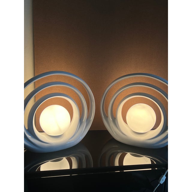 These incredible vintage lamps were made by Limelight. White ceramic with a glossy glaze and outfitted with a 6" diameter...