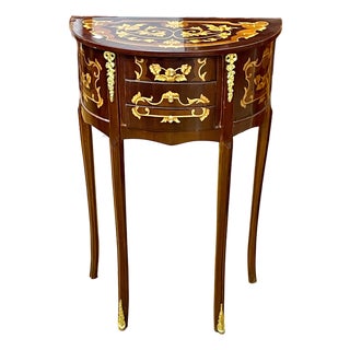 French-Style Demilune Side Table – Three Small Drawers With Floral Marquetry & Gilded Details For Sale