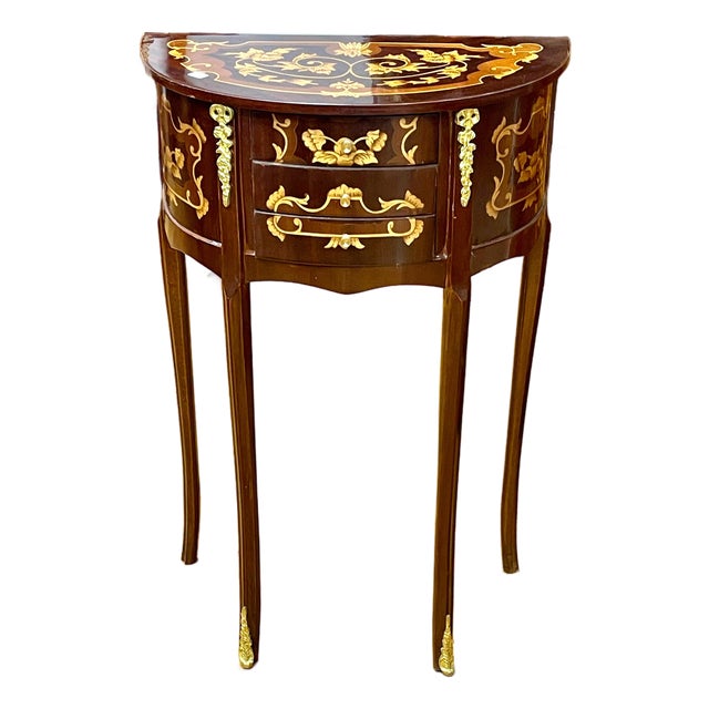 French-Style Demilune Side Table – Three Small Drawers With Floral Marquetry & Gilded Details For Sale