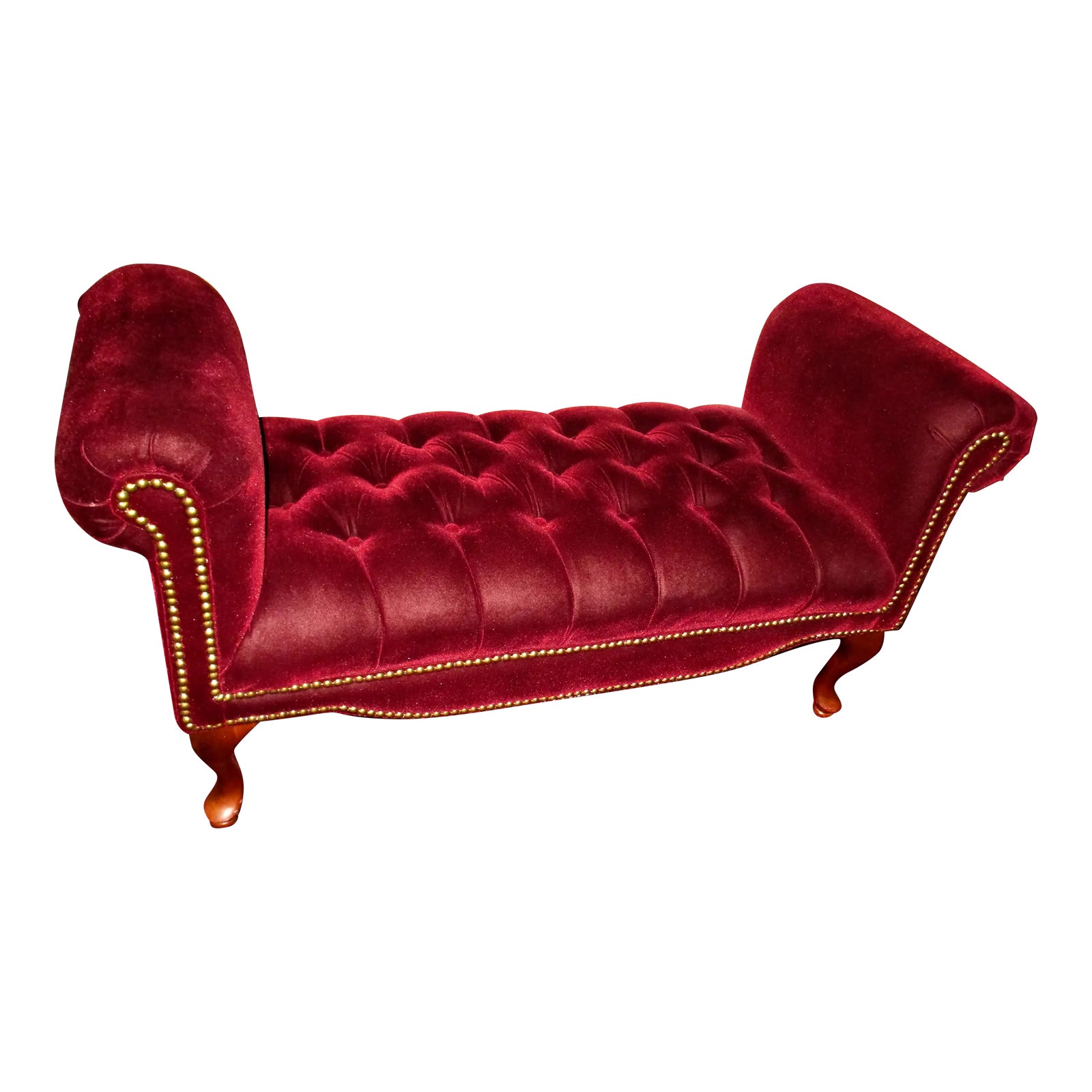 Vintage Queen Ann Ottoman Red Velvet Tufted Entryway / End of Bed Couch