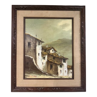 Vintage 1969 Signed Oil Painting “Aldea” by Mino Mediterranean-Style Village Scene in Hand-Carved Wood Frame For Sale