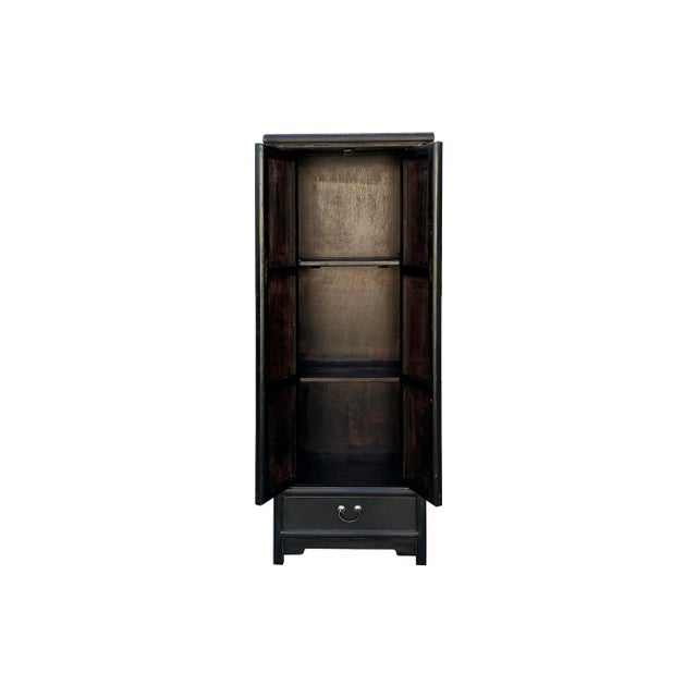 Asian Oriental Classic Slim Black Lacquer Narrow Tall Storage Cabinet For Sale - Image 3 of 8