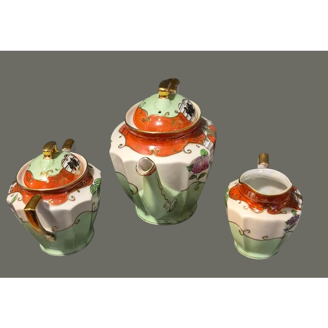 Japanese Vintage Asian Japanese Hand Painted Gilded Lusterware Tea Pot Creamer & Sugar Bowl For Sale - Image 3 of 9