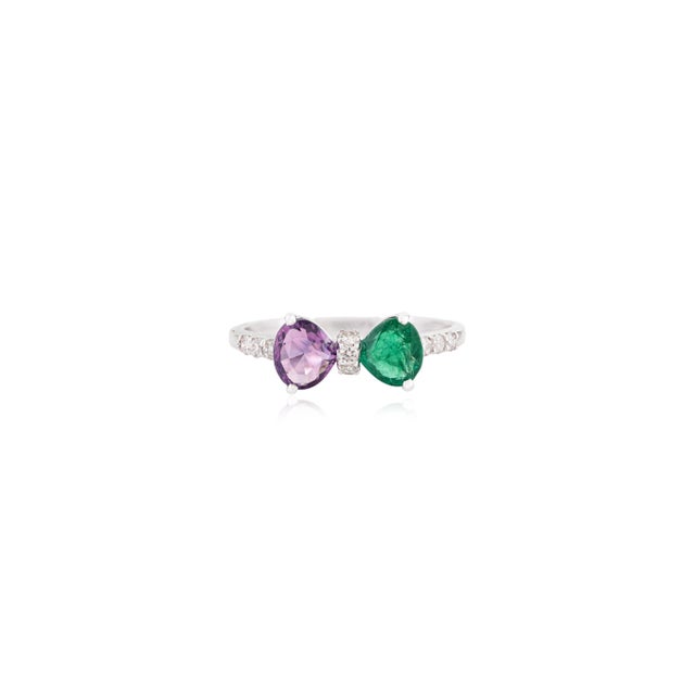 Shabby Chic Geometric Emerald Amethyst & Diamond Two Stone Bow Ring Size 8 in 14k Gold For Sale - Image 3 of 15