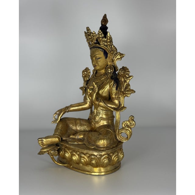 Early 20th Century Antique Tibetan Gilt Bronze Green Tara (Syamatara) Seated on Lotus Throne For Sale - Image 5 of 7