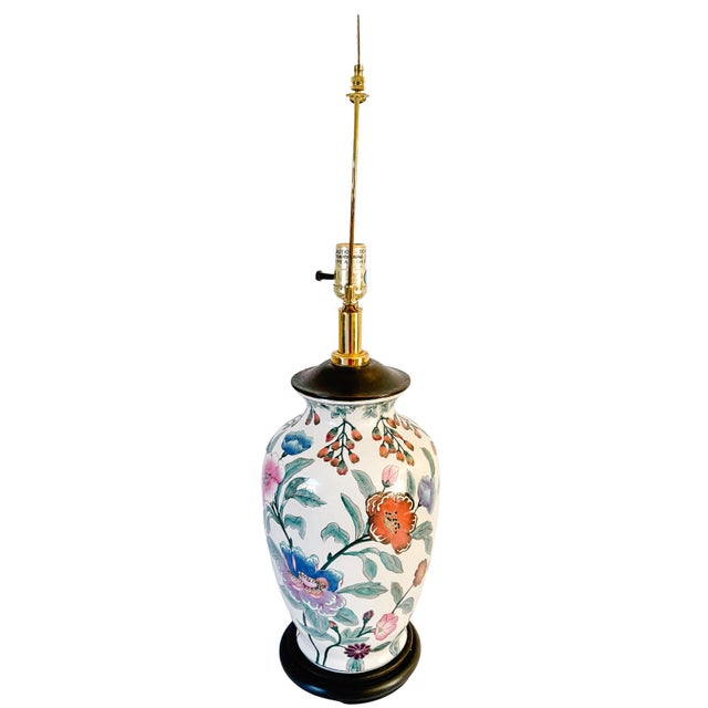 Vintage Chinoiserie Famille Rose Porcelain Table Lamps With Brass Shou Finials - a Pair For Sale - Image 12 of 15