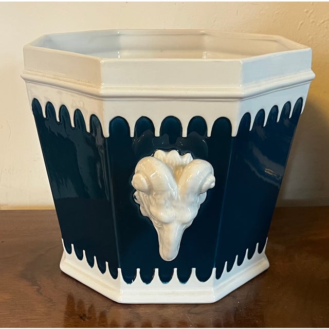 Italian Mancioli Mid-Century Modern Ceramic Cachepot Planter With Ram's Head Handles For Sale In New York - Image 6 of 13