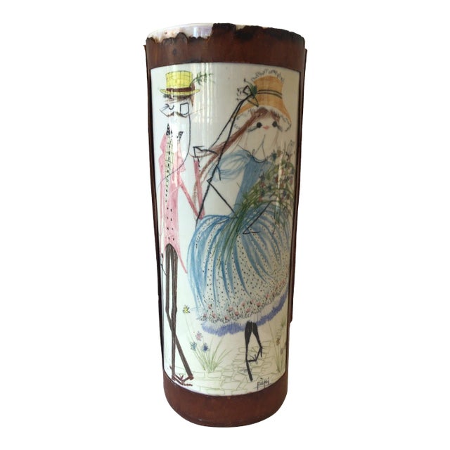 1960s Quadrifoglio Italian Leather & Ceramic Hand Painted Vase or Umbrella Stand For Sale