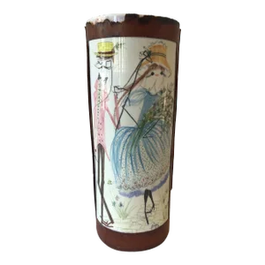 1960s Quadrifoglio Italian Leather & Ceramic Hand Painted Vase or Umbrella Stand