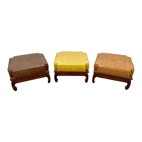 Square Ottoman With Nesting Stools Mid-Century Modern Leather