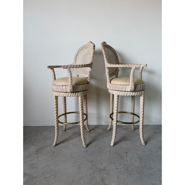 Mid-Century Modern Vintage Carved Wood & Cane Swivel Bar Stools – A Pair For Sale - Image 3 of 12