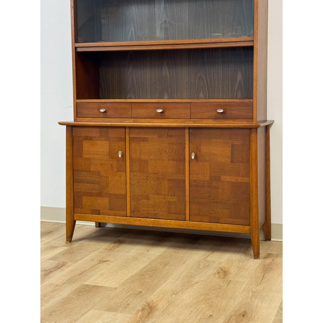 Wood Vintage Hutch by Paine Furniture MCM China Cabinet, Parquet Doors, Glass Sliding For Sale - Image 7 of 18