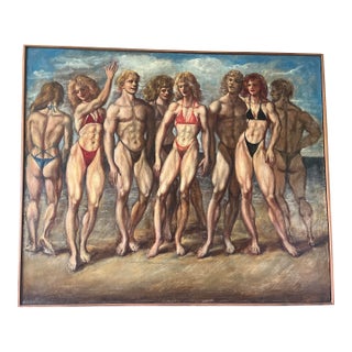 Mid-Century Pop Art Oil Painting Bodybuilders on Beach For Sale