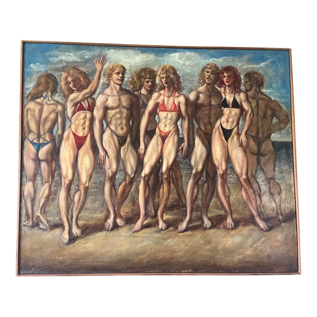 Mid-Century Pop Art Oil Painting Bodybuilders on Beach For Sale