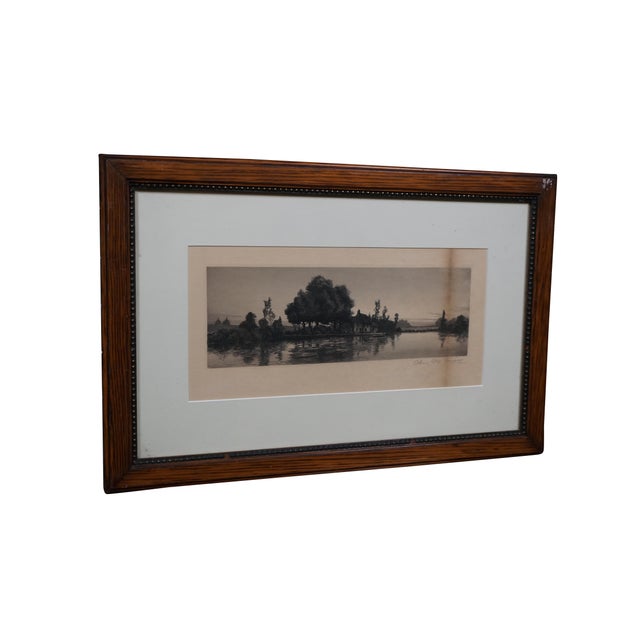 Victorian Antique Charles Mielatz Signed Waterfront House W Dock Landscape Etching 23" For Sale - Image 3 of 13