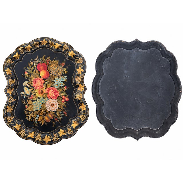 English Vintage Hand-Painted Black Tole Tray With Floral and Fruit Motif For Sale - Image 3 of 5