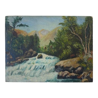 Vintage Signed River Landscape Painting by Tooie-Original Mid-20th Century Mountain Stream Scene on Board. For Sale