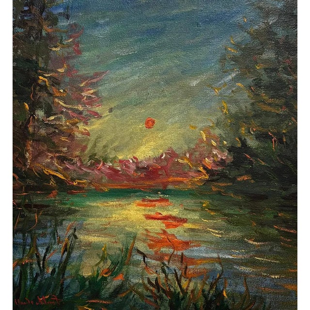 A luminous Impressionist landscape titled Sunset Over the Reflecting Pond, this 1901 oil on canvas captures the quiet...