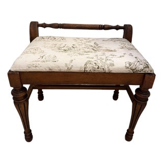 Vintage 1930s American Walnut Upholstered Entryway Bench With French Toile Linen Seat For Sale