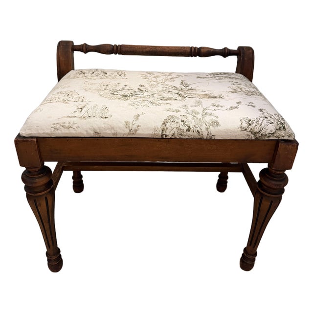 Vintage 1930s American Walnut Upholstered Entryway Bench With French Toile Linen Seat For Sale