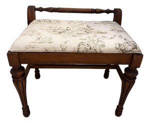 Vintage 1930s American Walnut Upholstered Entryway Bench With French Toile Linen Seat