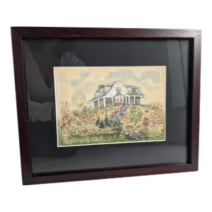 1920s Framed Artist Watercolor Painting of a Cape Cod Style House
