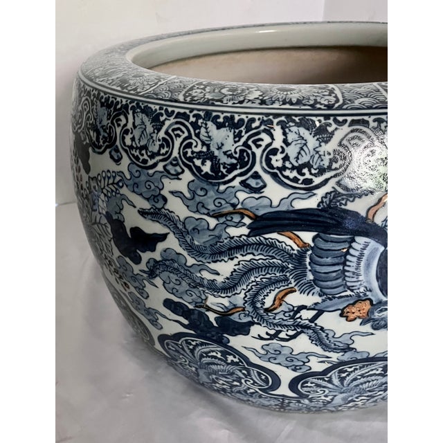 Japanese Large 20" Vintage Japanese Blue & White Porcelain Phoenix Jardinière - Signed For Sale - Image 3 of 18