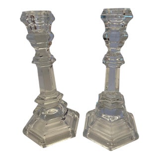 1990s Tiffany and Co. Crystal Clear Glass Candleholders with Hexagon Bases, Signed- Set of 2 For Sale