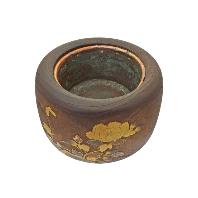 Early 20th Century Antique Japanese Inlaid Wood Hibachi Brazier with Copper Liner Cachepot Meiji For Sale - Image 5 of 9