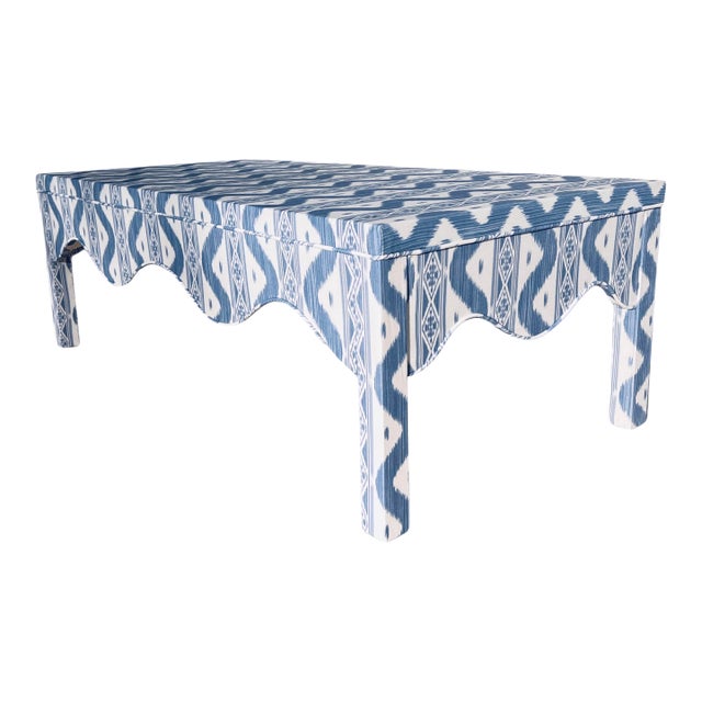 Custom Scalloped Coffee Table in Blue Ikat For Sale