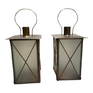Pair of Neoclassical Style Mixed Metal Large Scale Hurricane Lanterns For Sale