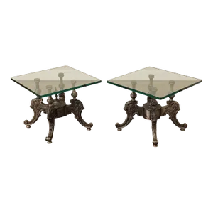 1960s Victorian Style Cast Metal Glass-Top Coffee Tables - A Pair