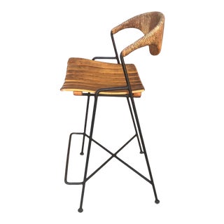 1950s Vintage Arthur Umanoff Iron Wood Wicker Counter Bar Stool For Sale