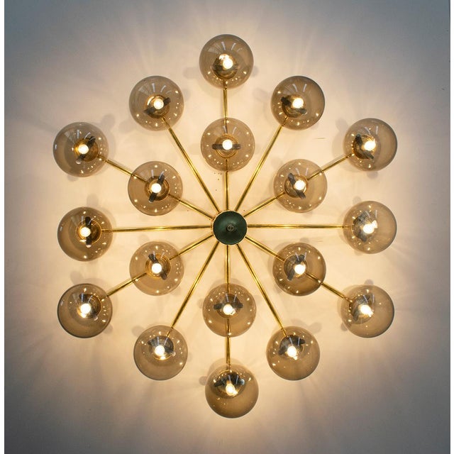 Italian flush mount with 18 large smoky Murano globes mounted on solid brass frame in unlacquered natural brass finish /...