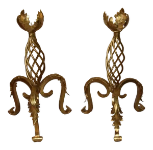 1900s Antique French Floor Standing Wrought Iron Gold Leaf Candleholder- a Pair