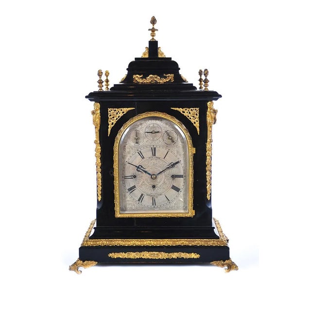 19th C. Reid & Sons Triple Fusee Ebony & Gilt Mantel Clock For Sale
