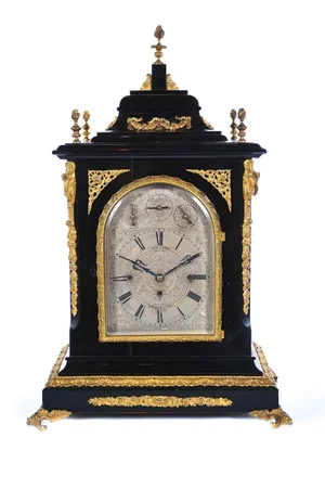 19th C. Reid & Sons Triple Fusee Ebony & Gilt Mantel Clock