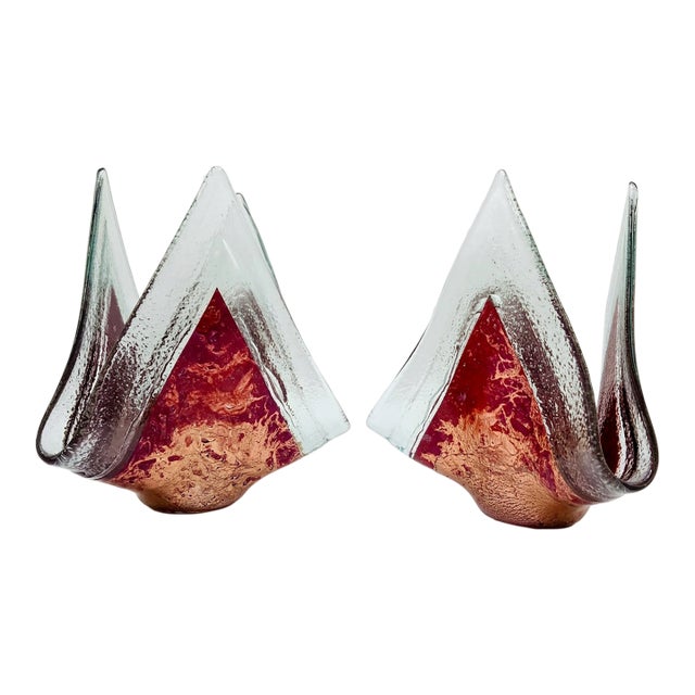 Pair Jones Glassworks Sculptural Art Glass Vases – Pink Copper Aventurine, Mid-Century Style For Sale
