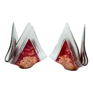 Pair Jones Glassworks Sculptural Art Glass Vases – Pink Copper Aventurine, Mid-Century Style
