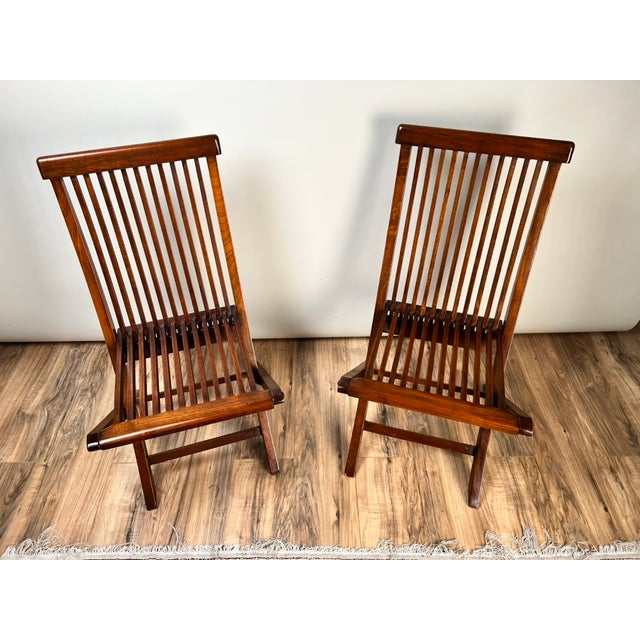 Pair Vintage Mid-Century Modern Style Teak Folding Chairs For Sale In Boston - Image 6 of 10