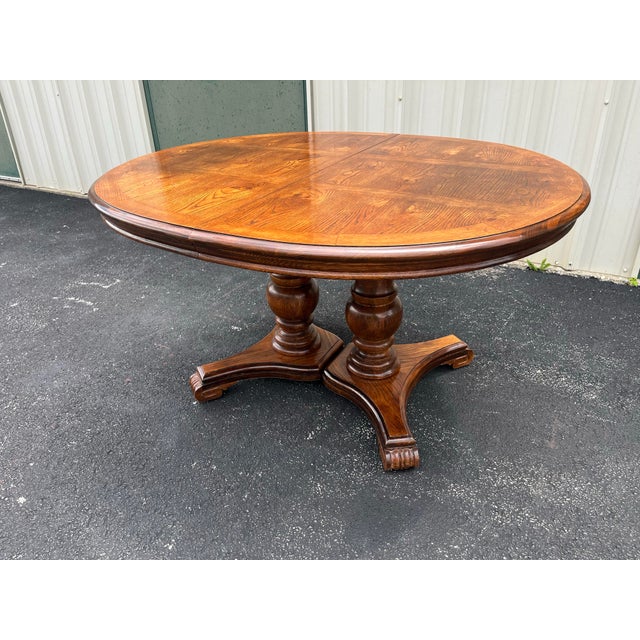 Late 20th Century Rustic Double Pedestal Oak Extension Dining Table For Sale - Image 4 of 12
