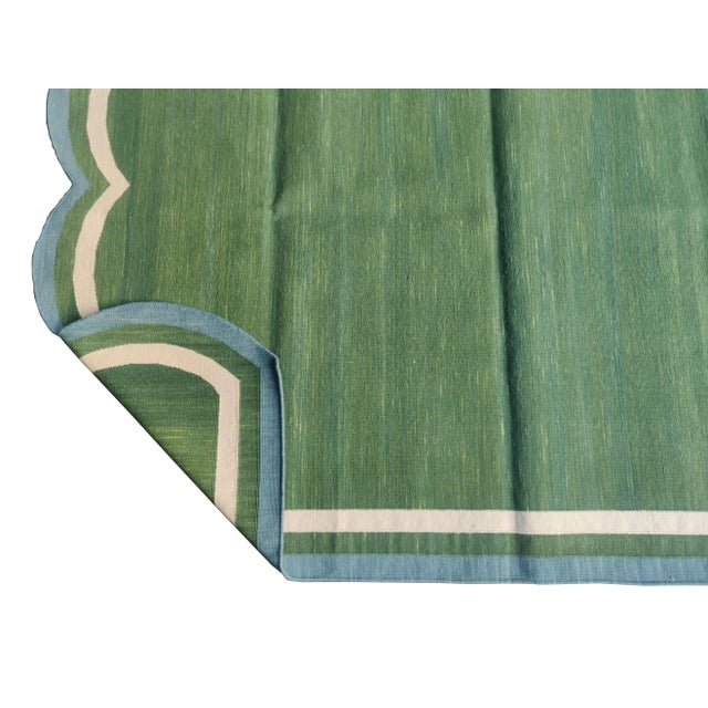 Casa Cosima Handmade Cotton Scalloped Rug, Forest Green With Cream and Blue Border 7'x11' For Sale - Image 4 of 10